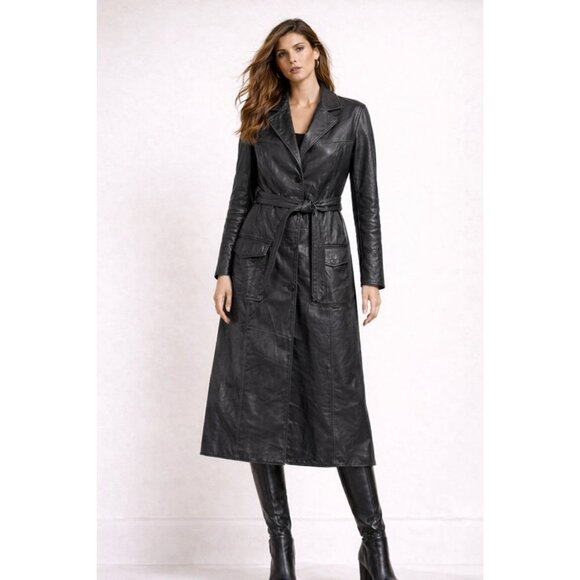 Jones New York Genuine Leather Trench Coat Women M Black Long Belted Button Jones New York Genuine Leather Trench Coat Women M Black Long Belted Button